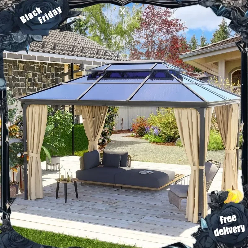 13 x 10 ft. Outdoor Aluminum Frame 2-Tier Polycarbonate Roof Gazebo, with Mosquito Netting and Curtains, Suitable