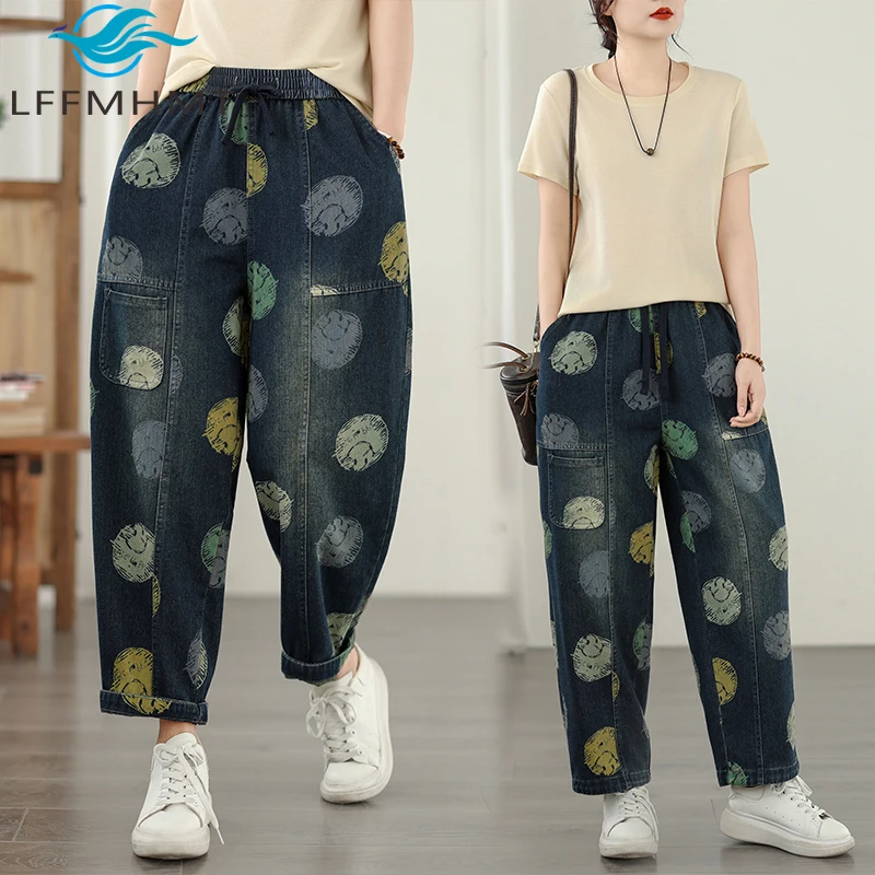 Women's Round Pattern Vintage Print Denim Pants Female Spring Summer Fashion Ankle Length Jeans Female Hip Hop Casual Trouser