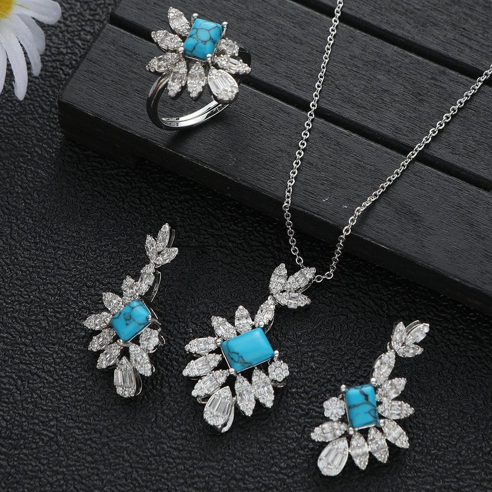 New Luxury Waterdrop Square Leaves Cubic Zircon Engagement Dubai Naija Bridal Finger Rings Necklace Earring Jewelry Set S460
