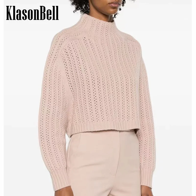 

8.20 KlasonBell Women Double-Sided Wear Wool Knit Sweater Fashion Sweet Turtleneck Crochet Hollw Out Single Breasted Cardigan