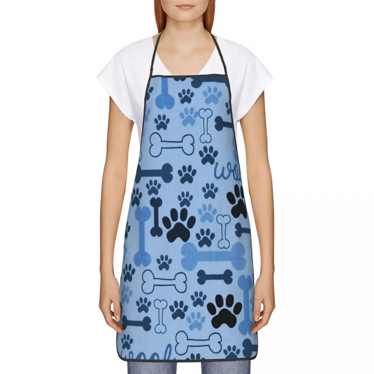 Custom Blue Dog Bones And Paw Prints Pattern Bib Apron Adult Chef Tablier Cuisine for Cooking Animal Cartoon Footprint Baking