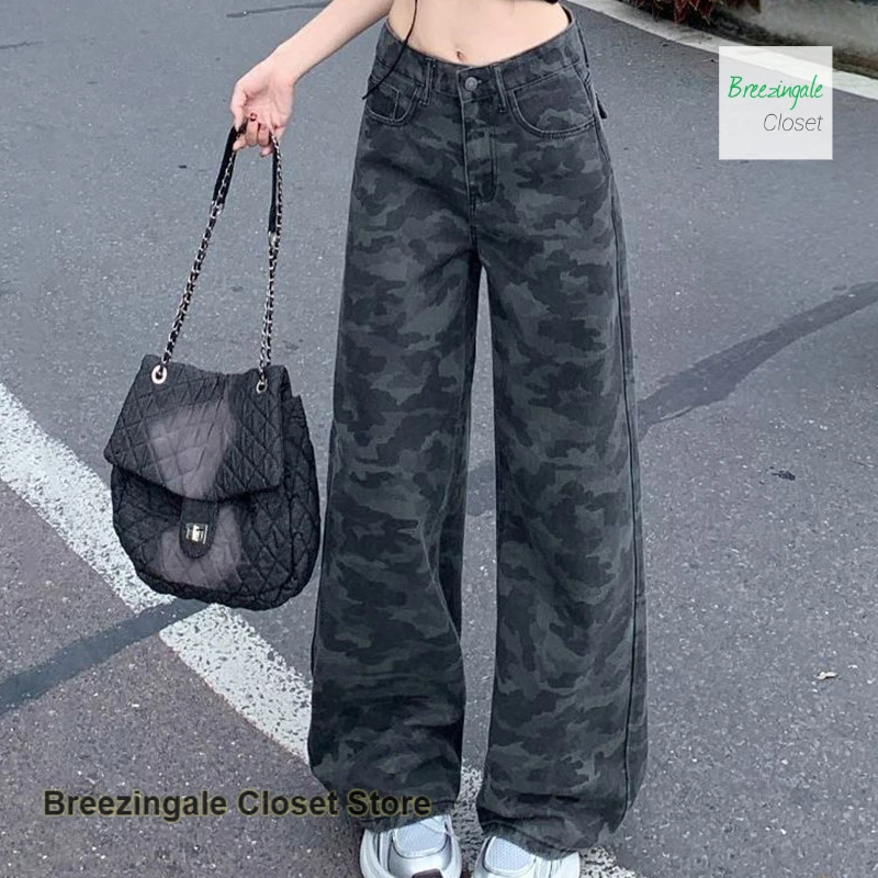 

American-style loose joker mopping overalls jeans women's spring and autumn new high waist camouflage casual wide-leg pants