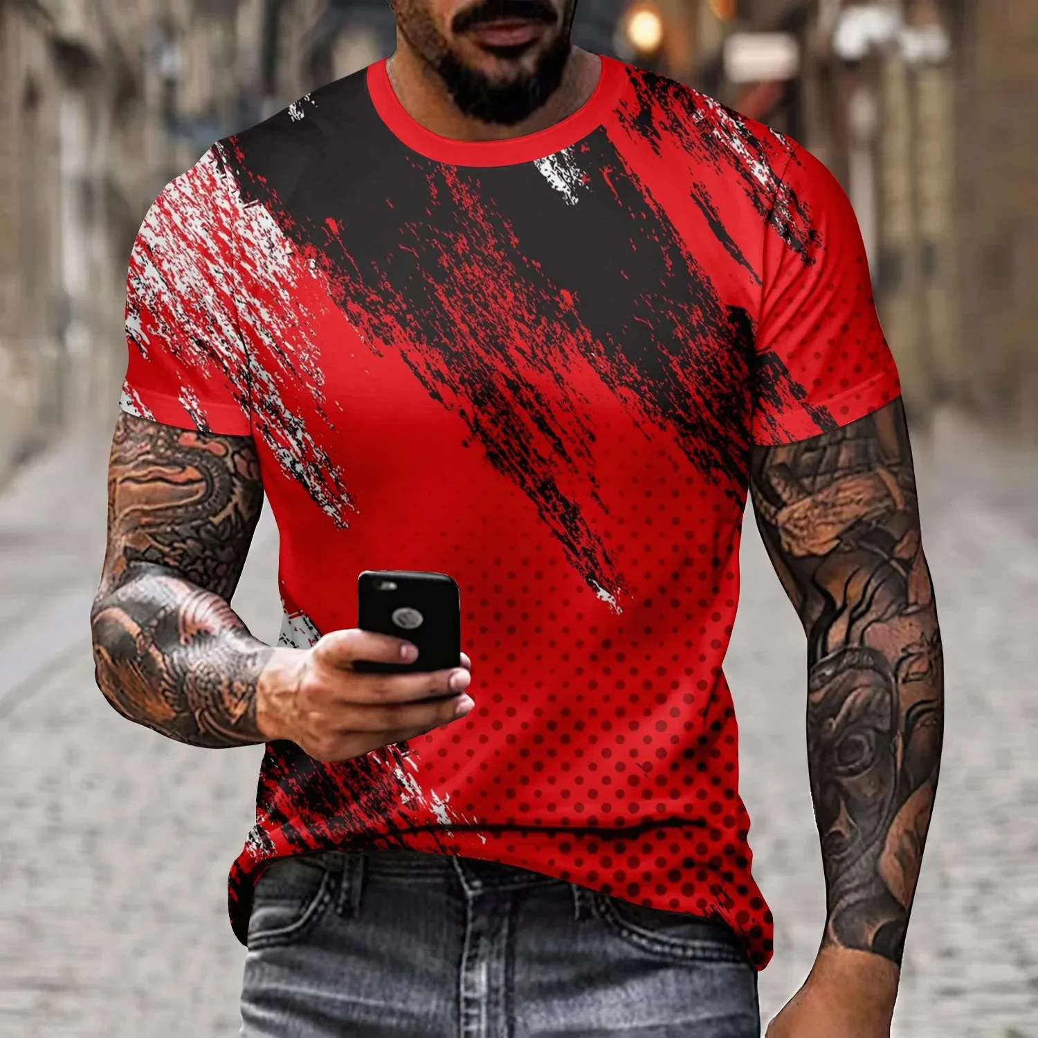 Spliced Men's T-Shirt Retro Short Sleeved Tees 2024 New Men's Clothing Plaid Pattern Printed T-Shirts Oversized European Tops