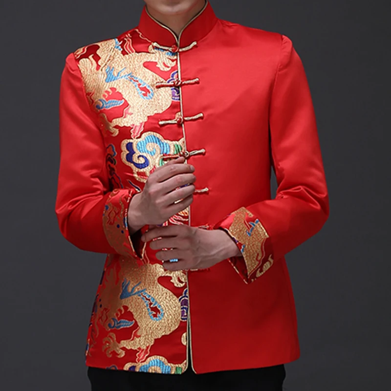 Traditional Chinese Style Men Red Wedding Coat Stand Collar Satin Tunic Suit Jacket Golden Dragon Jacquard Bridegroom Coat