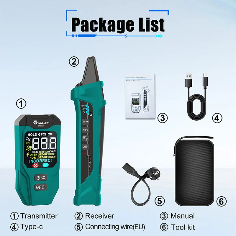 

TOOLTOP ET32 Digital Circuit Breaker Finder Transmitter+Receiver Support Wiring/NVC/GFCI Outlet Test