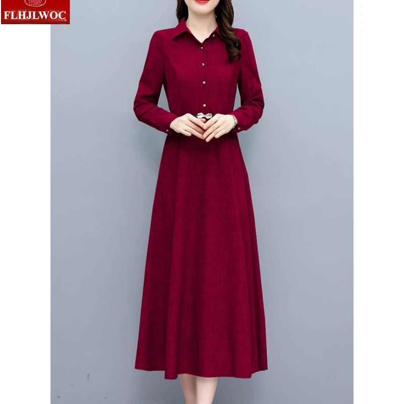 Cotton Linen Long Maxi Dresses Elegant Office Lady Women 2025 Autumn Long Sleeve Retro Vintage New Year Solid Red Shirt Dress