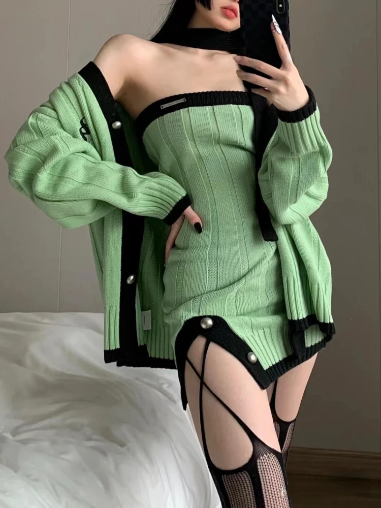 2023 Autumn Green Knitted Suits Casual Elegant Cardigan Top + Y2k Sexy Mini Dress Korea Fashion Clothing 2 Piece Dress Set New