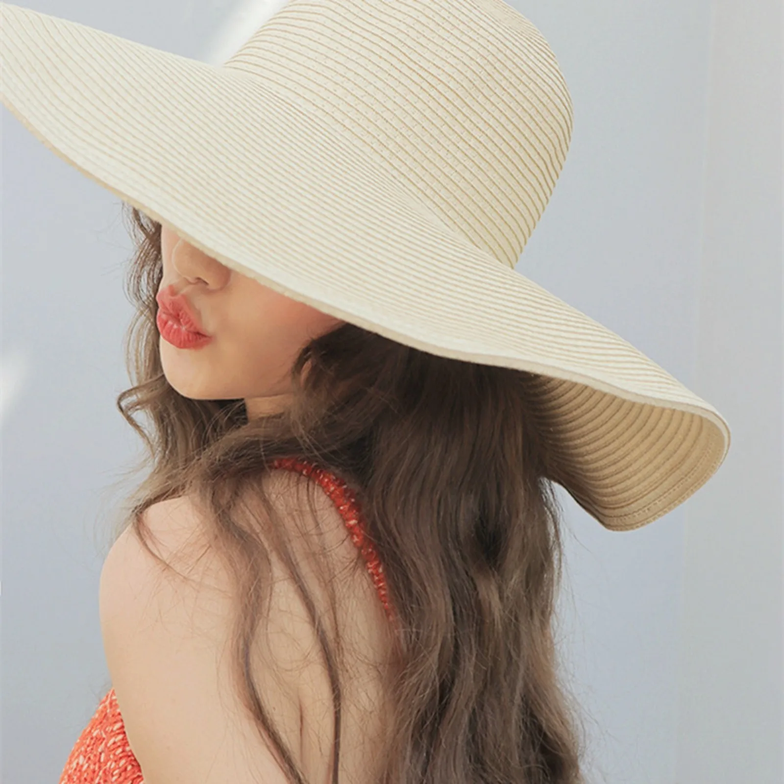 Women\'s Sun Visor Hat Wide Rimmed Summer Foldable Roll Up Beach Hat Solid Colour Casual Outdoor Sun Protection Large Hat