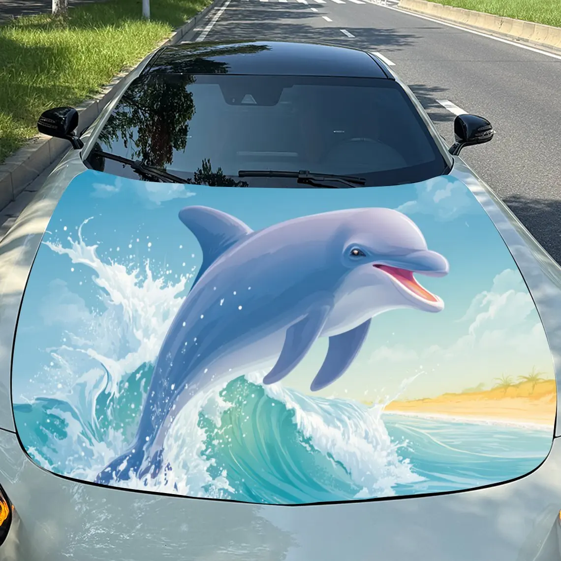 

Ocean Dolphin Leap Adventure PVC Car Engine Hood Vinyl Wraps, Self-Adhesive Waterproof Car Hood Decal Sticker, Car Decoration Pr