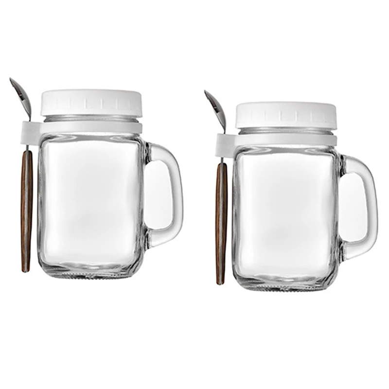 2 Pieces Oatmeal Bowl With Handle And Spoon, Glass Storage Jars , Reusable Leak-Proof Cups For Travelling