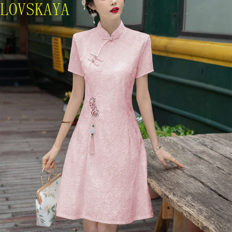 New Plus Size Retro Red Embroidery Chinese Traditional Casual Party Women's Midi Dress Summer Plaid Dress