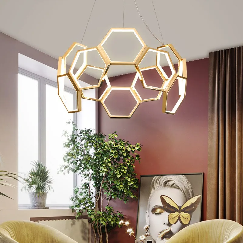 Simple beautiful semi-honeycomb type creative design modern LED chandelier loft golden chrome lamp body lighting