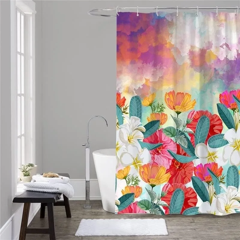 Watercolor Gradient Sky Tropical Floral Print Shower Curtain No Drilling Bathroom Decor Set with 12 Hooks