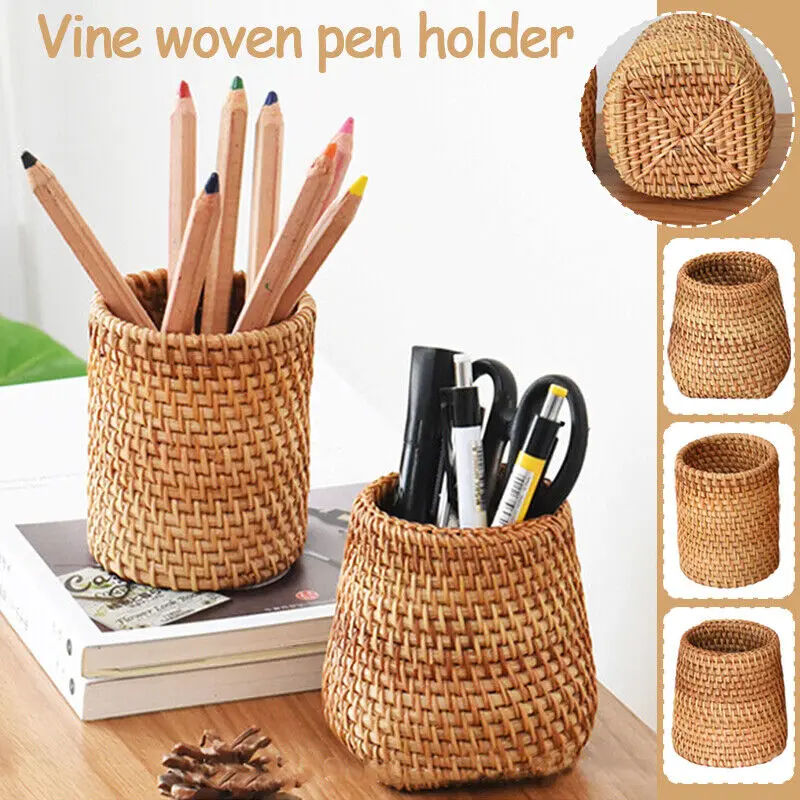 Woven Pen Holder Desktop Storage Box Pen Insert Student School Office Rattan Pen Organizer Handmade Rattan Pencil Cup