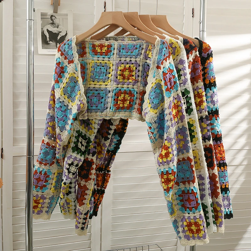 OUMEA Women Knitting Crop Cardigans Grandma Style Multi Color Plaid Long Sleeve Open Front Casual Short Cardigans