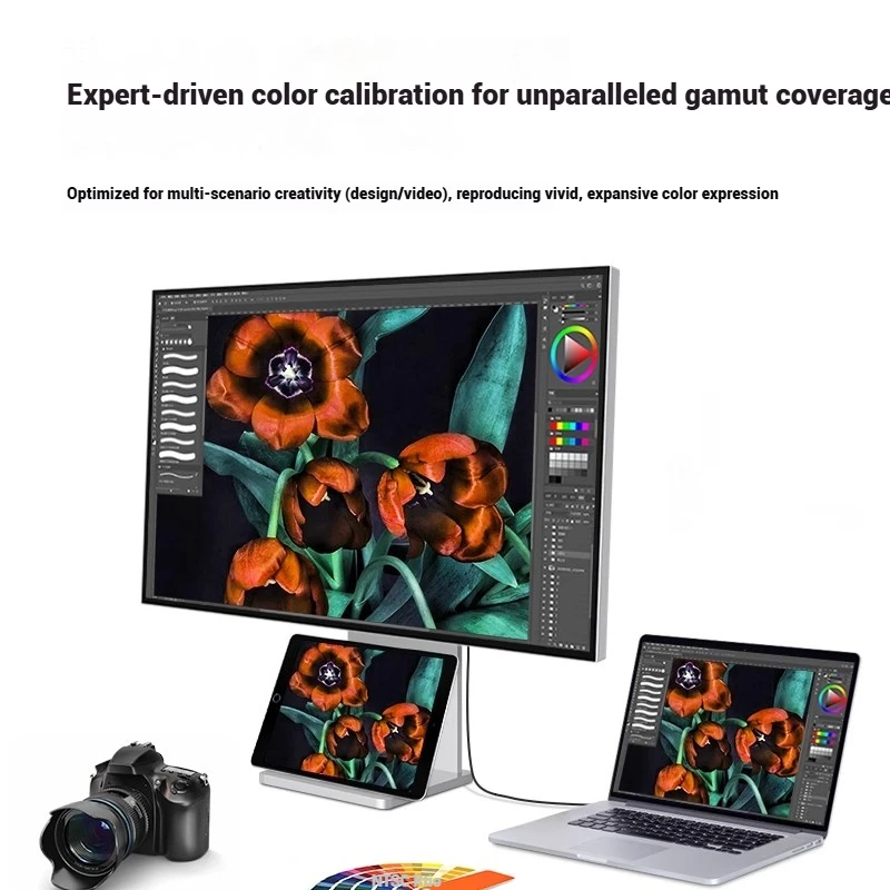 شاشة مصممة بدقة 4K UHD مقاس 27 بوصة: 98% DCI-P3 و99% Adobe RGB، ألوان 10 بت لتحرير الصور الاحترافية مع جسم من سبائك الألومنيوم