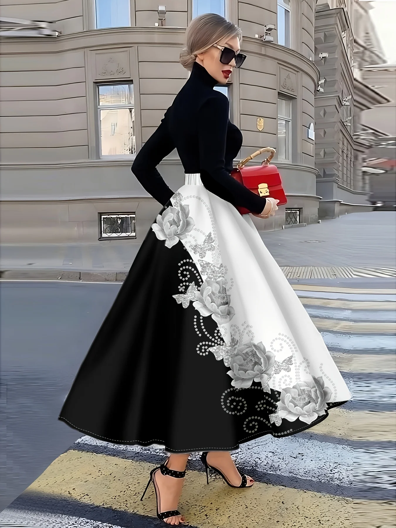 Women's Floral Butterfly Print Skirt Vacation Style Black and White Contrast A Line Midi Skirt Summer Casual High Waist