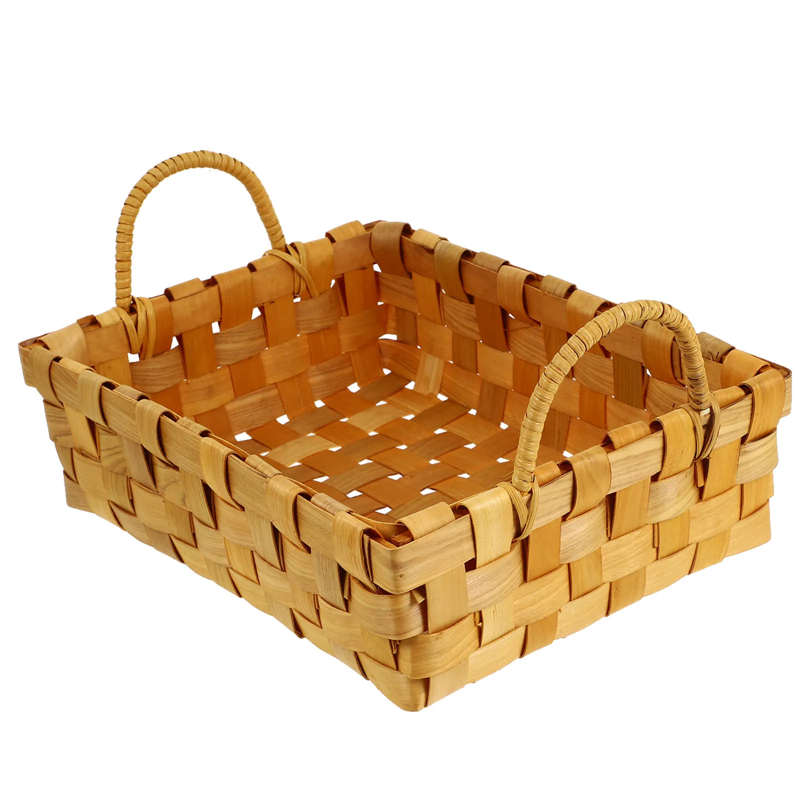 

Woven Chip Wooden Handle Storage Basket For Fruits Laundry Home Decor Handmade Natural Material Space Saving Country Style Wood