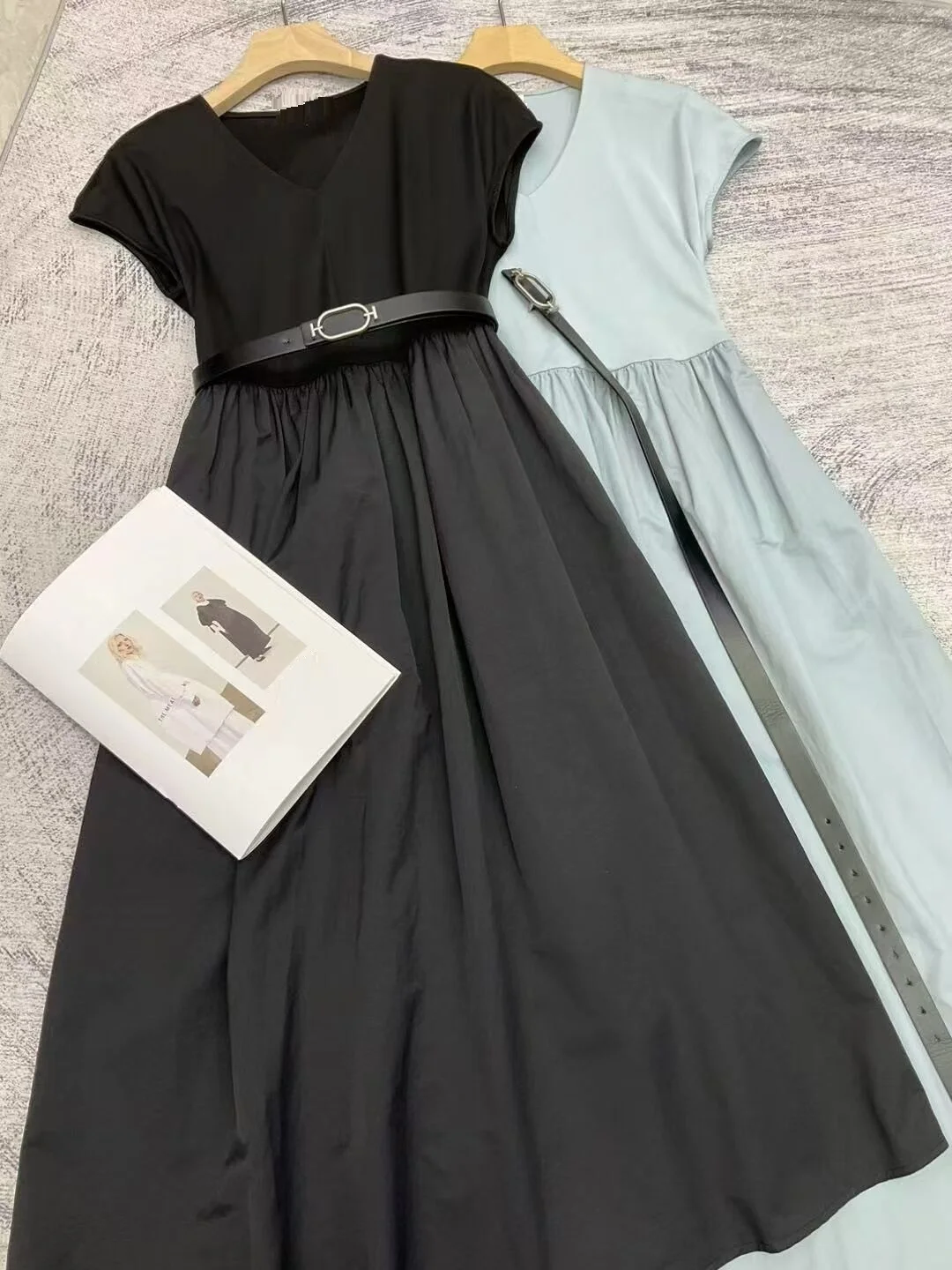 

2025 Summer Long Dress High Quality Cotton Women Sexy V-Neck T-Shirt Pocket Patchwork Short Sleeve Long Blue Black Maxi Dress