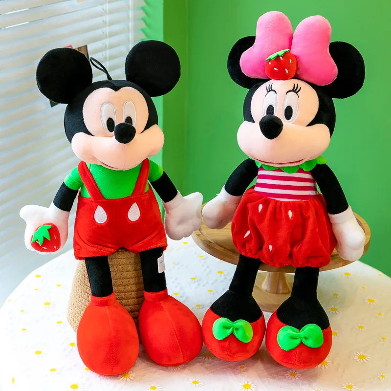 MINISO 40cm Disney Cartoon Anime Mickey Minnie Stuffed Plush Doll Kawaii Strawberry Mickey Mouse Doll Children's Birthday Gifts