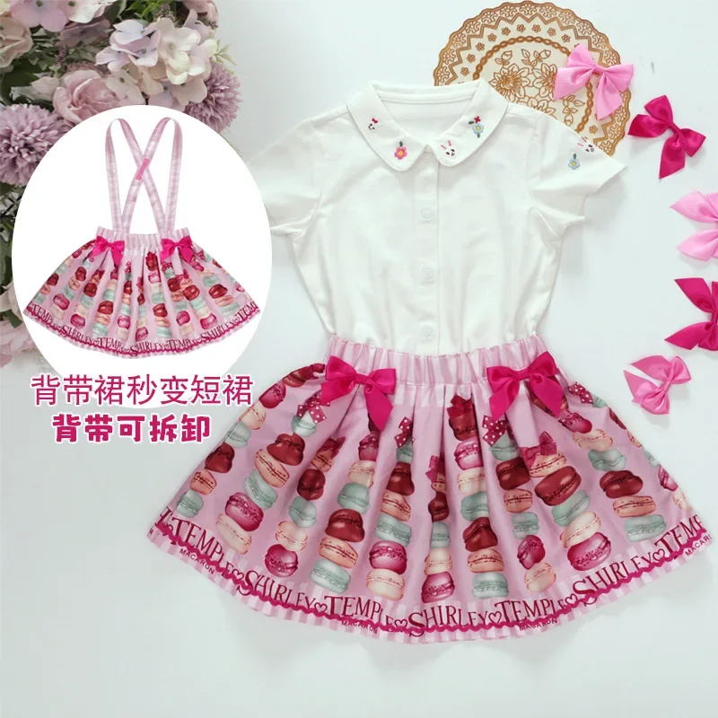 ST Kids Princess Summer New Girls Macaron Cake Full Printed Bow Strap Skirt