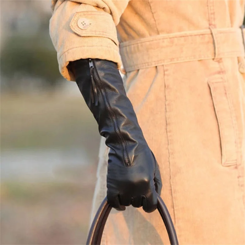 Guantes de piel de oveja auténtica para mujer, manoplas clásicas de 35cm de largo, con cremallera, a la moda, color negro, para otoño e invierno,