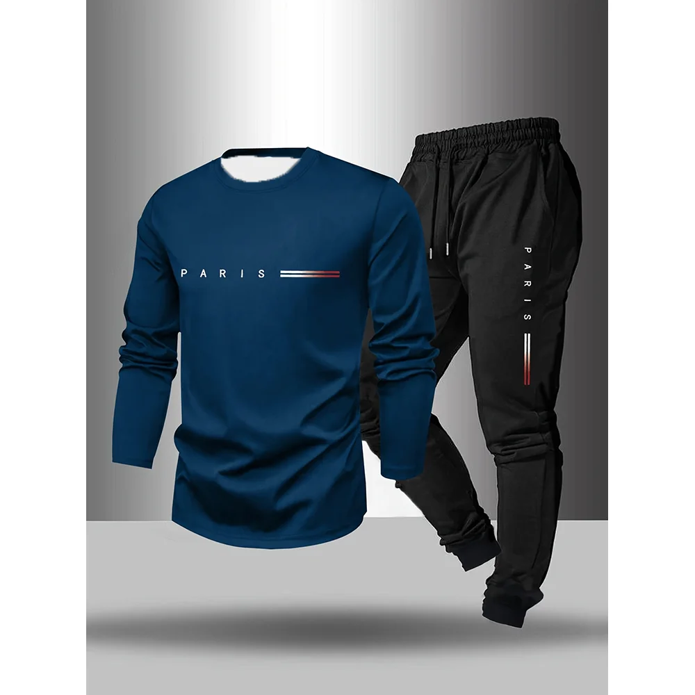 

Men's Spring and Summer Long Sleeved T-shirt and Pants Set With Parisian Letter Print O-neck Long Sleeved Casual Sports Pants