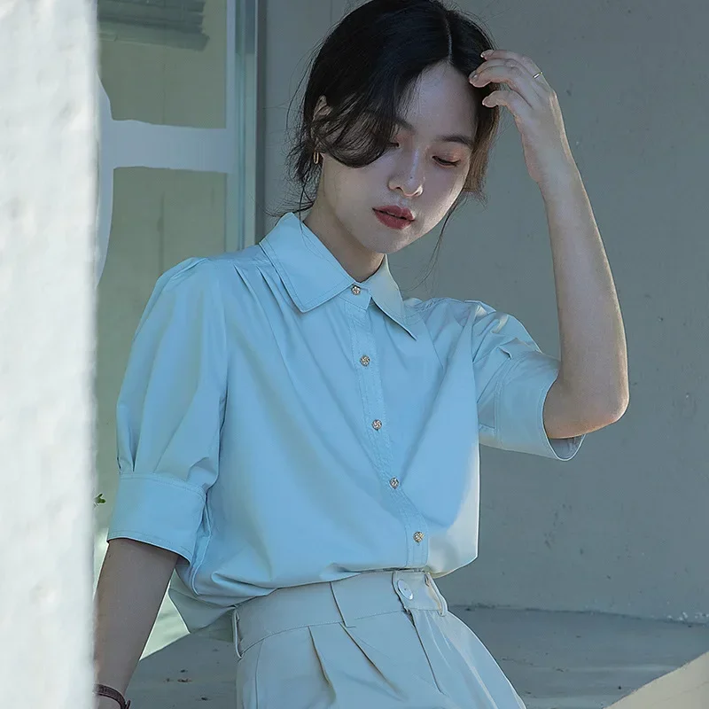 New summer fashion woman blouse 2025 Bubble sleeved short sleeved French commuting style shirts and blouses for women