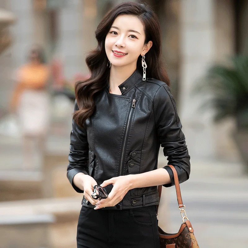 Genuine Leather Clothing with Stand Collar Women's Short Sheepskin Spring and Autumn  Jacket Slim Solid Color Cotton Warm Winter