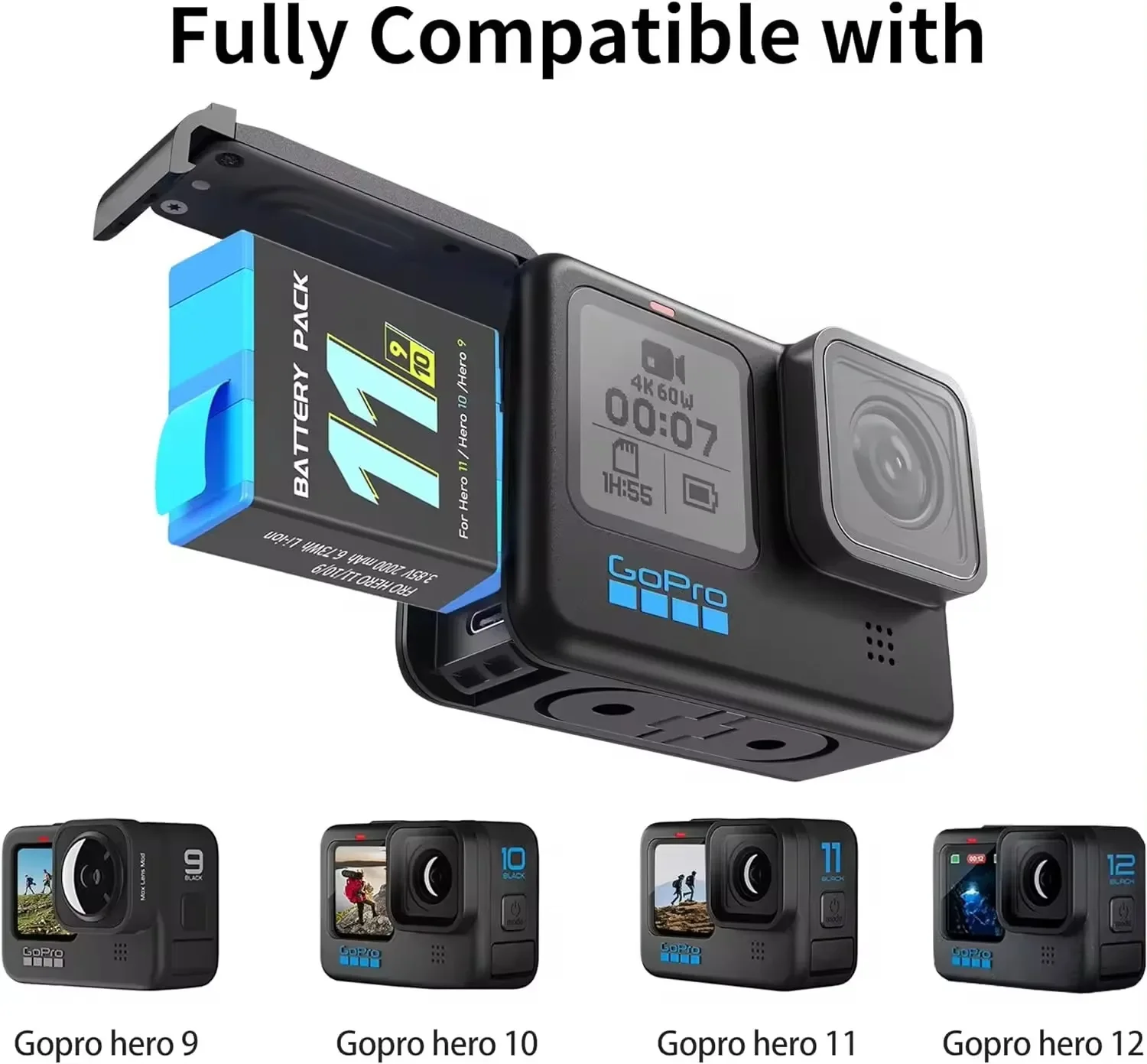 Sports action camera battery rechargeable case Hero 12 with 3-channel charger camera replacement battery