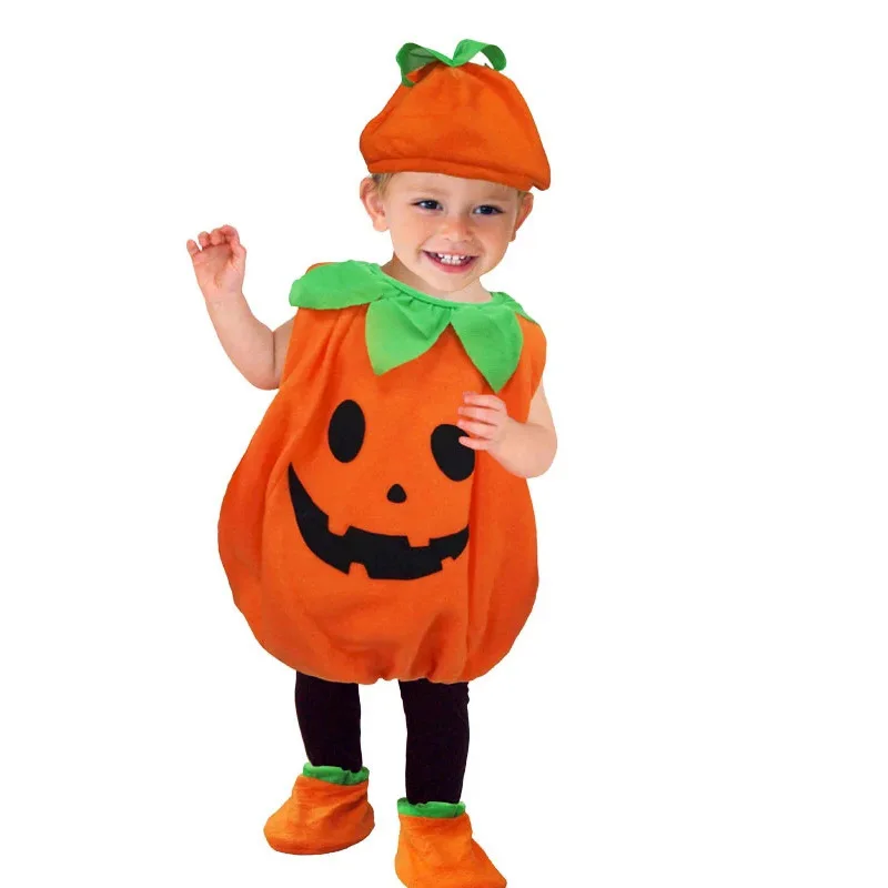 Children Cute Funny Pumpkin Jumpsuit Soft Fabric With Hat Set For Halloween Masquerade Party Dress Up Stage Performance Clothing