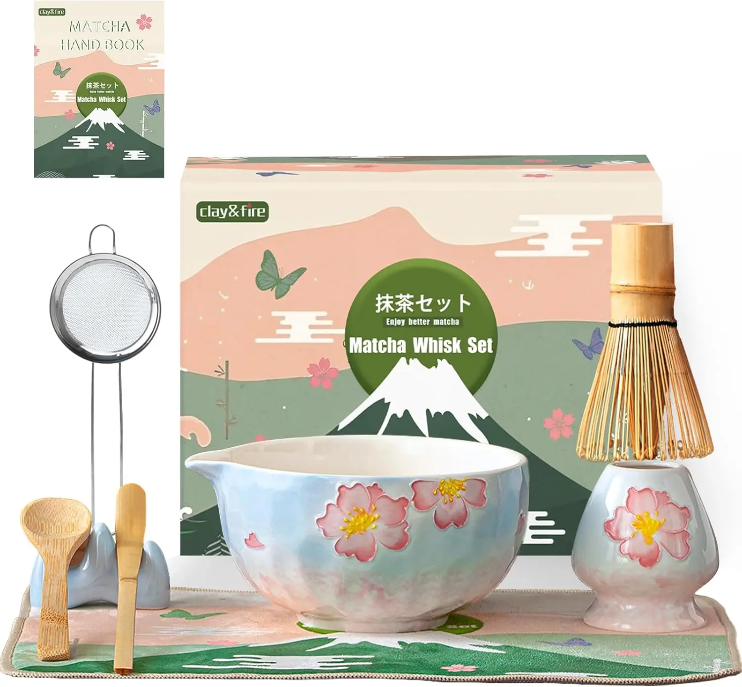 Juego Matcha de cerámica de 9 piezas con diseño de cereza, incluye cuenco, batidor y accesorios para amantes del té