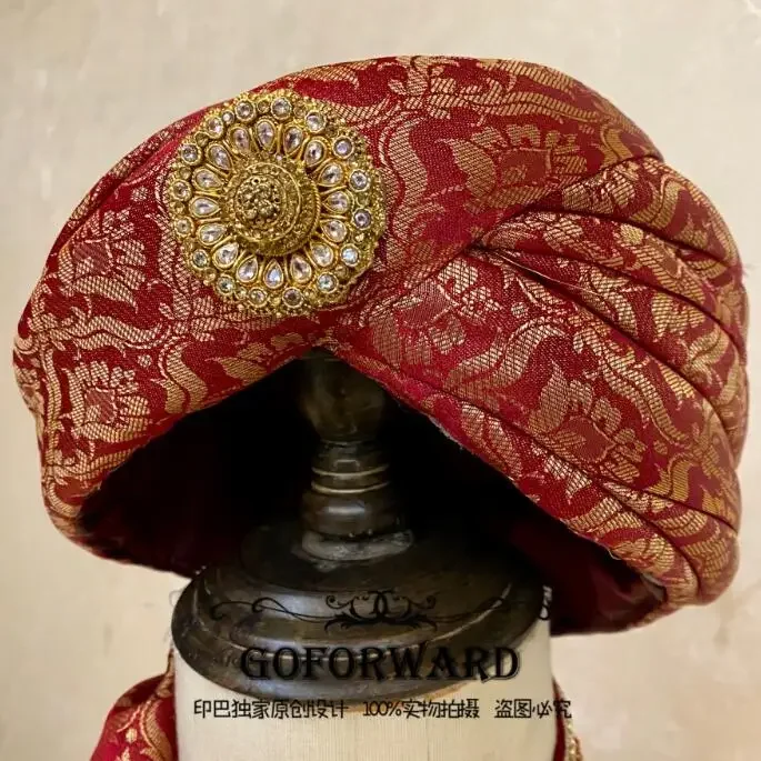 Tradition India Men Hat Pakistan Cap Red Rhinestones Headwear Wedding