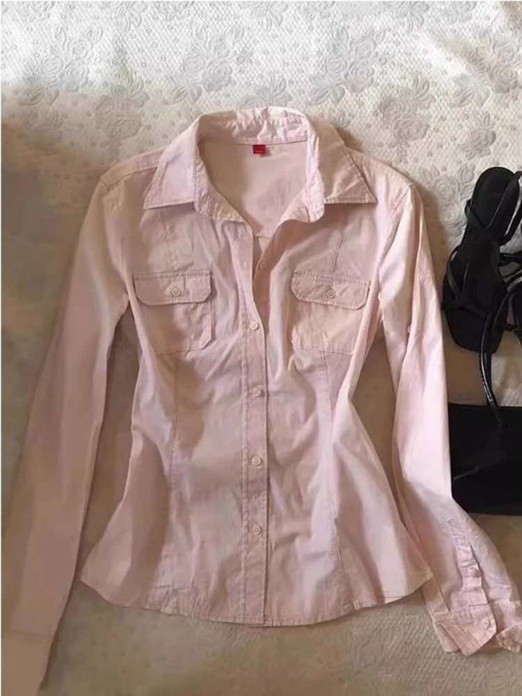 ディープタウン ピンク エステティック 長袖 レディース シャツ ポケット アメリカン ヴィンテージ スリム シック ブラウス ポロカラー ベーシック カジュアル オフィスレディ