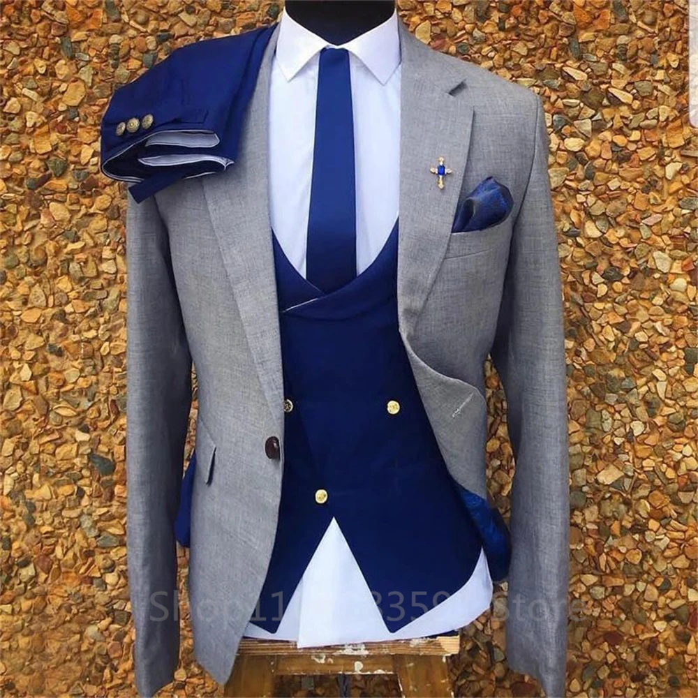 3 Piece Gray Wedding Tuxedo for Men Formal Suits Set Jacket Double Breasted Waistcoat with Royal Blue Pants Male Fashion Costume