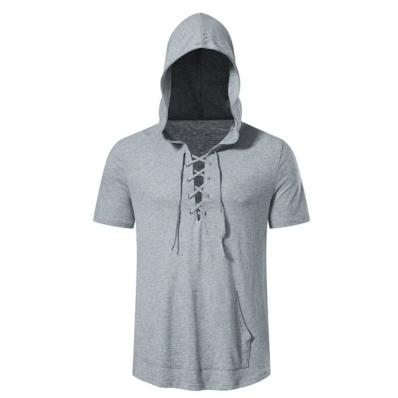 2023 Summer Men\'s Hooded Tshirt Men Casual Pirate Collar Top Tees Fashion Male Basic Short Sleeved Lightweight Cotton T-Shirts