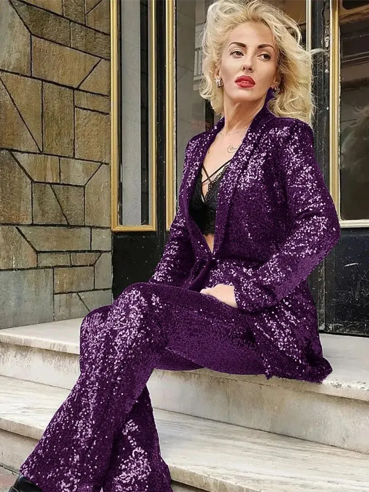 Tesco Elegant Women Sequined Blazer + Straight Pants Two-piece Sparkling Fashion Lady Jacket Birthday Party Suit ropa de mujer