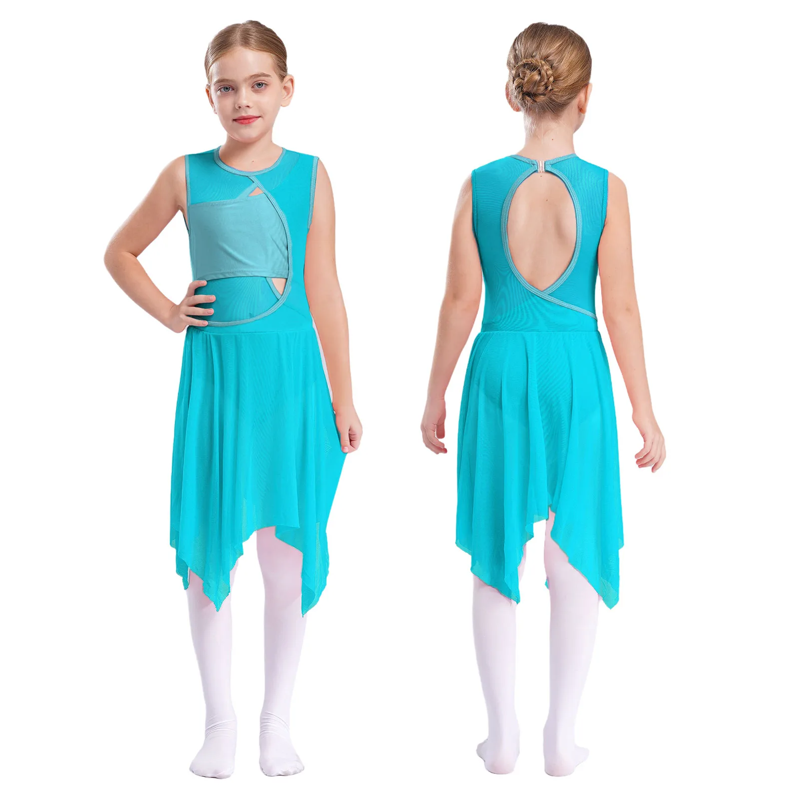 

Kids Girls Ballerina Lyrical Dance Costume Gymnastics Ballet Leotard Dress Sleeveless Criss Cross Backless Mesh Splice Dress