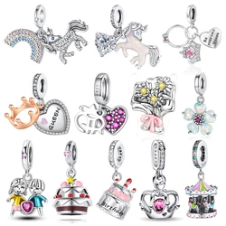 925 Sterling Silver Crown&Shining Unicorn&Hand in Hand&Birthday Cake&Brother Sister Pendant Fit Brand Bracelet Birthday Gift