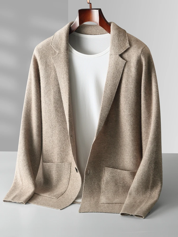 Spring Autumn Knitwear 100% Merino Wool Men's Sweater Suit Collar Solid Color Single Breasted Pocket Cardigan Soft Basic Tops