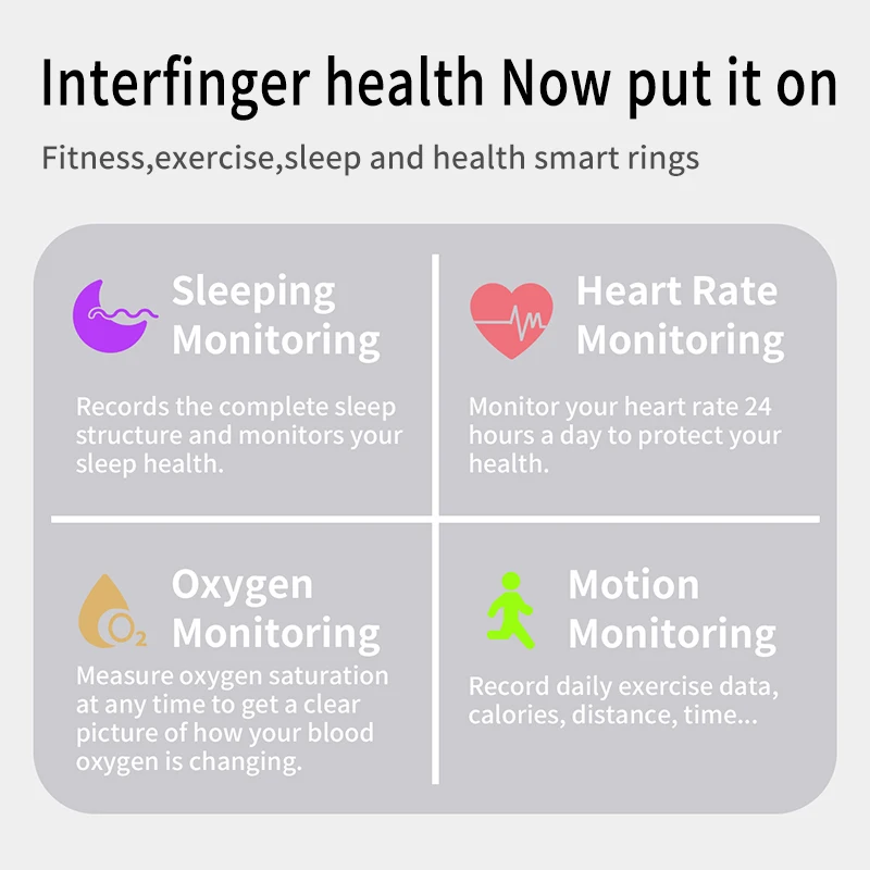 Smart ring with wireless Bluetooth connectivity and APP health monitoring - USB charging, exercise tracker and sleep detector.