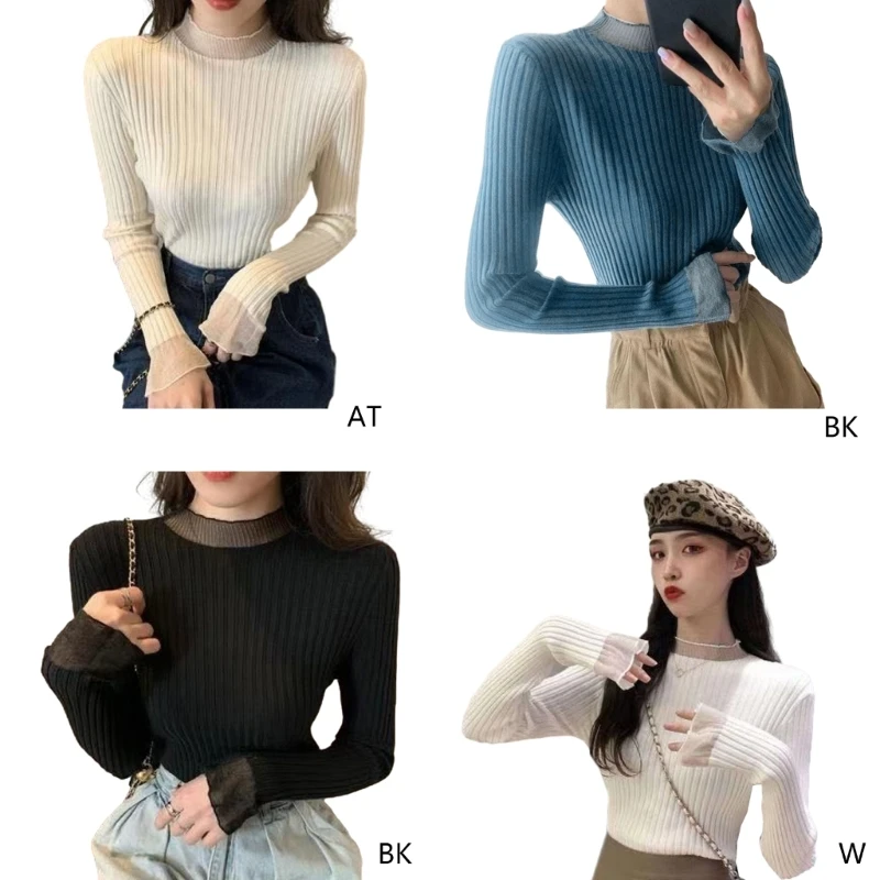 Women's 2023 Long Sleeve Mock Neck Ribbed Knit Sweater Fit Basic Casual N7YE