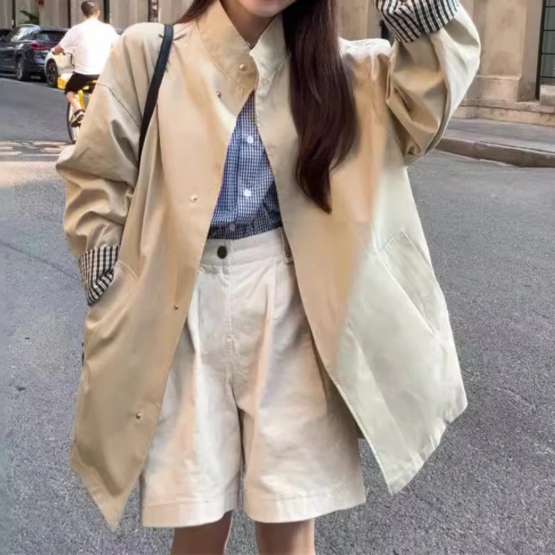 

Small-sized Vintage Loose Unique Design Checkered Cuff Trench Coat for Women Casual Top