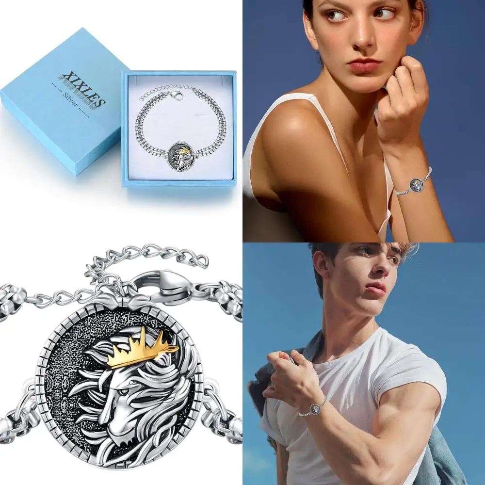 

Sterling Silver Lion King Adjustable Link Bracelet, Fashion Jewelry for Men, 925 Silver