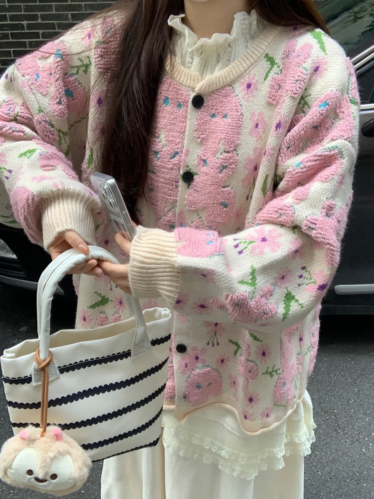 Korean Winter Knitting Sweater Sweet Floral Element Pullovers Full Sleeve Single Breasted Loose Students Casual Pink Sweater