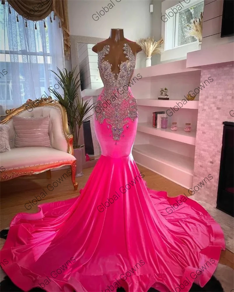 Pink O Neck Long Prom Dress For Black Girls 2023 Beaded Crystal Birthday Party Dresses Rhinestone Evening Gown Robe De Bal