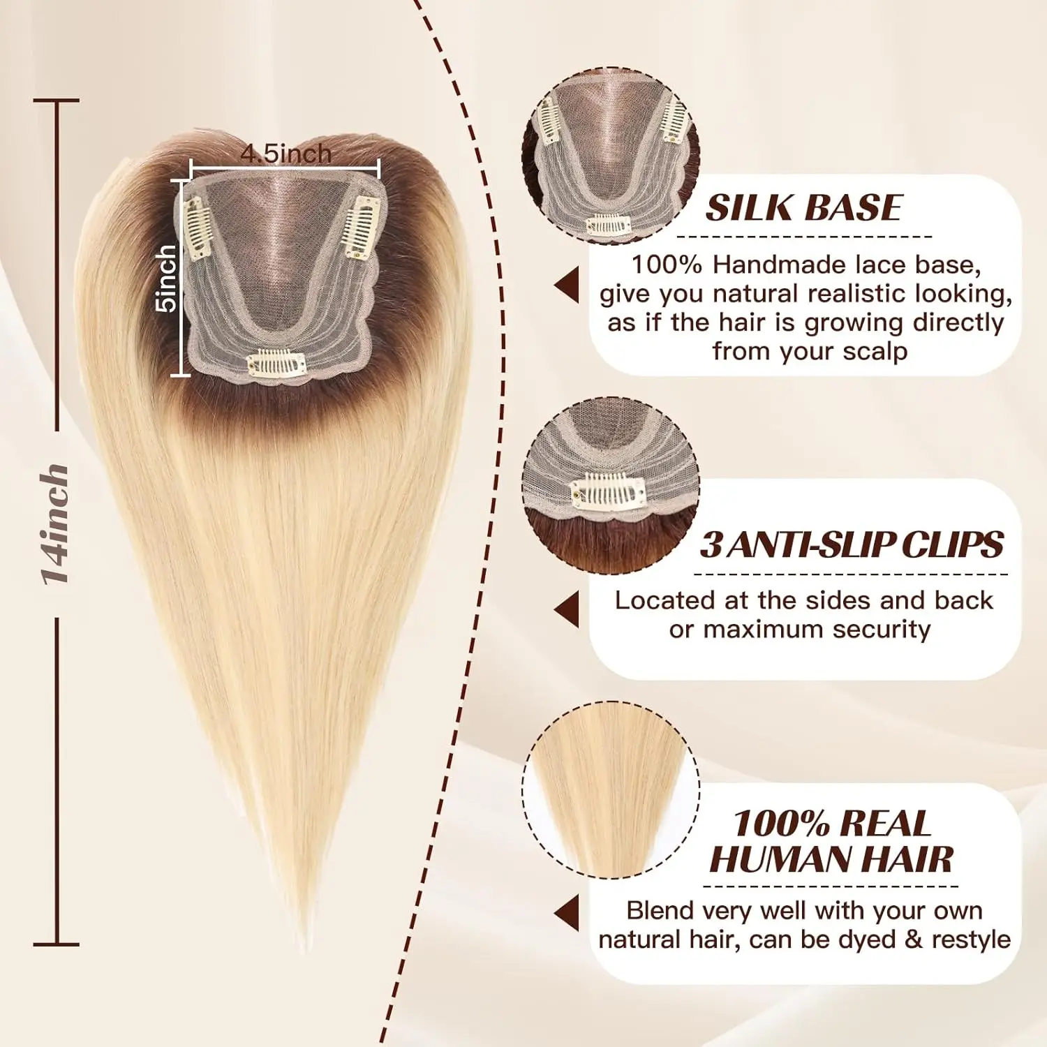 Blonde Ombre Human Hair Toppers with Bangs Clip in Lace Base Hair Extensions 100% Remy Human Hair for Women with Thin Hair 14 In