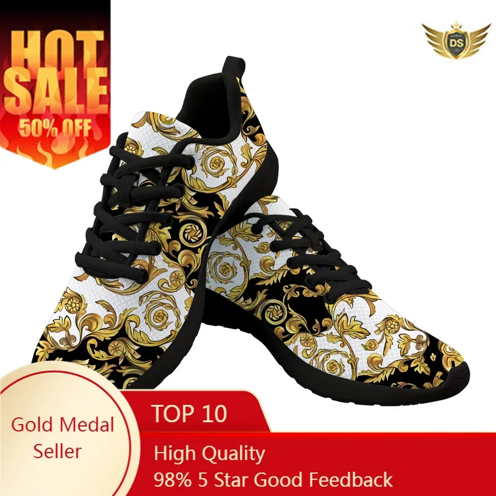 

New Men Shoes Golden European Floral Print Casual Women Sneakers Brand Designer Lace Up Sport Shoes Dropshipping