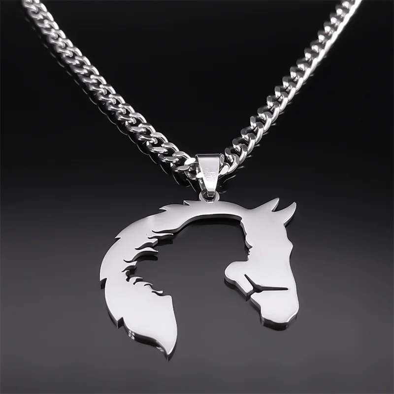 Pferd und Mädchen Silhouette Anhänger Halskette für Frauen Männer Edelstahl hohl Pferdekopf Tier Halsketten Schmuck Geschenk n3215s03 – Detail 7