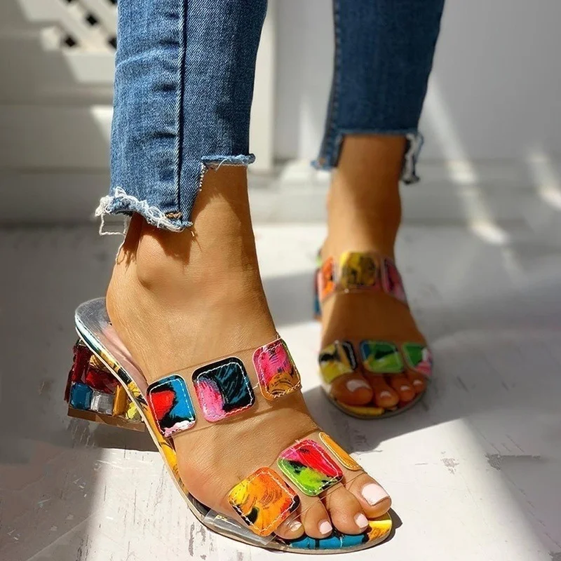 

2023 Sandals for Women Square Heels Summer Peep Toe Ladies Multi Colors Heeled Shoes Female Sandalias Outdoor Slippers